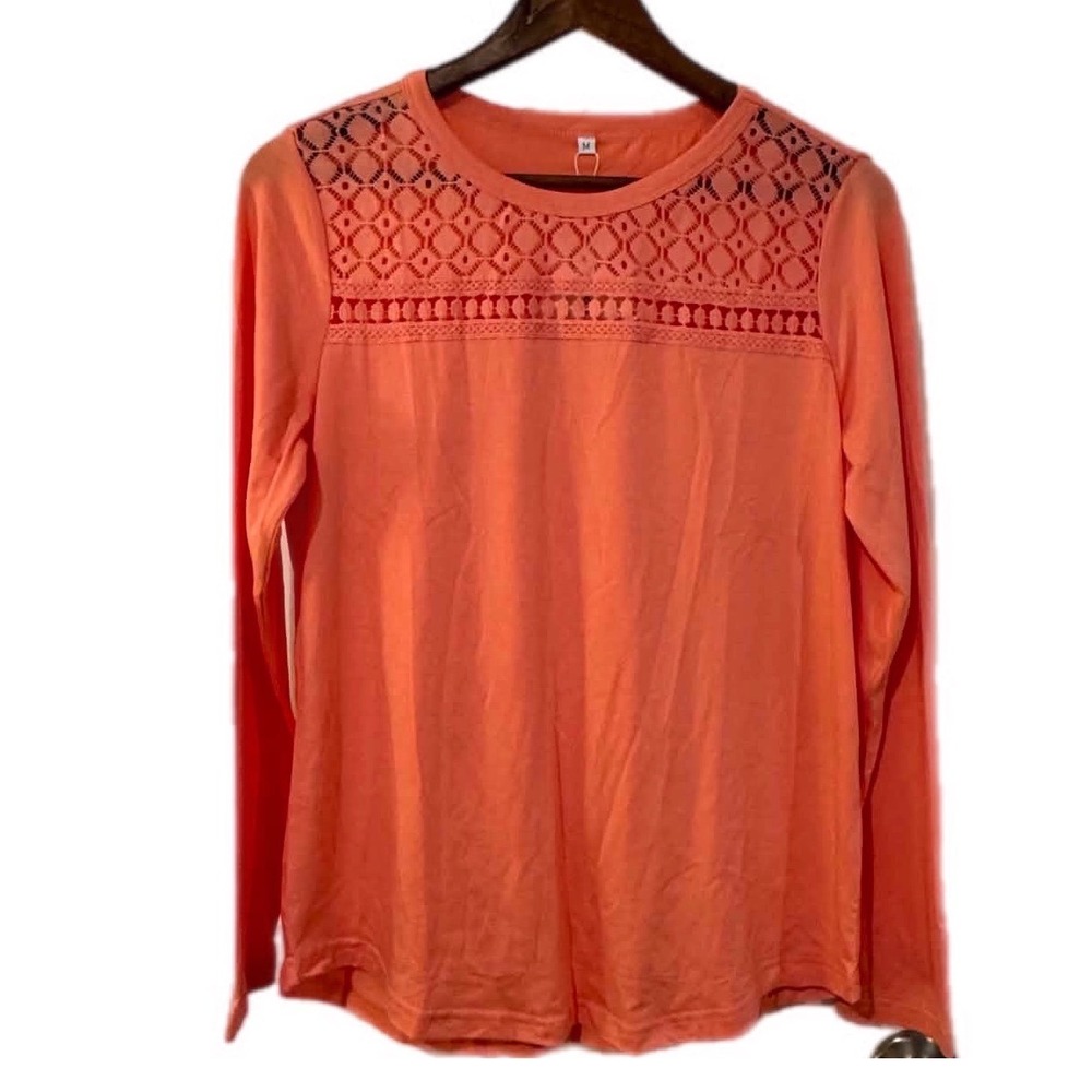 Anrabess Crochet Lace Top Womens Medium Orange New Long Sleeve Eyelet Yoke